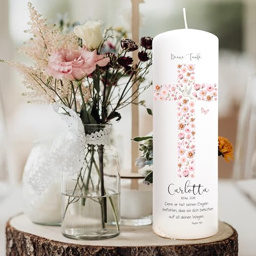 ilka parey Taufkerze Mädchen personalisiert - Patenkerze - Gastkerze - Kreuz rosa Blüten - Wunschname mit Spruch - Personalisiertes Taufgeschenk - Taufkerze (wk259)