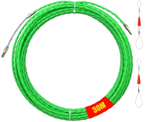 Kabeldraghjälp, 30 m polyester indragningstråd, 4 mm utdragbar spiral, dragtrådsdiameter, kabelindrag indragningshjälp, dragband med 2 styrfjädrar, dragtråd, indragningsspiral, för kommunikation