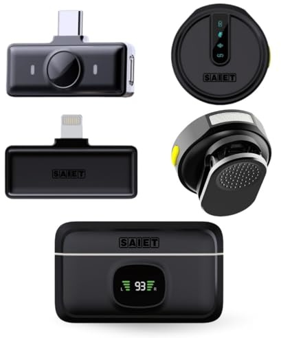 SAIET Audio MIC Kit 2 Microfoni Wireless con Cancellazione del Rumore | 2 Trasmettitori con Custodia di Ricarica per Audio Professionale e Avvolgente, Compatibile con Smartphone e PC, Plug & Play