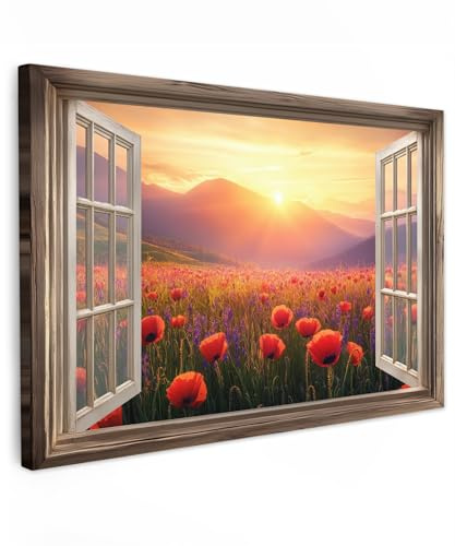 MuchoWow© Leinwand Groß XXL Deko Schlafzimmer Aesthetic Leinwandbilder | 120x80 cm - Wohnzimmer Gemälde Foto Geschenk Living Room Decoration Fensterblick - Mohn - Blumen - Rot - Offenes Fenster