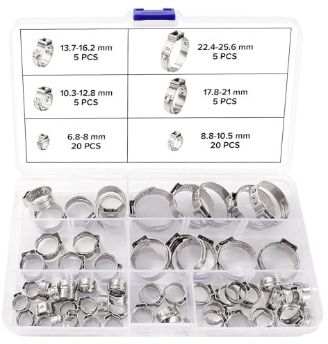 Lyeteung 60 Pezzi 6 Misure 6.8-25.6 mm Set di Fascette Stringitubo a Orecchio Singolo, Stringitubo Acciaio Inox Morsetti, Fascette per Tubi Flessibili a Orecchio Singolo, per Fissare Tubi