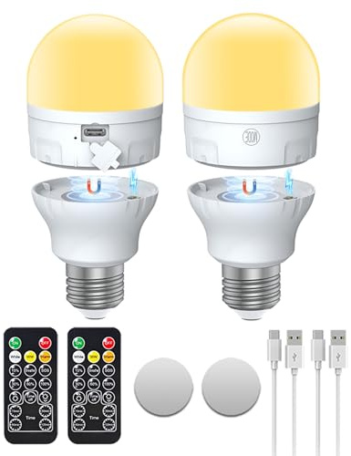 I-SHUNFA USB-C Aufladbare LED Glühbirne E27 7W mit Fernbedienung,2 Pack | AC100-240V,CCT Dimmbar, Touch Control, 2000mAh Batterie, Timer-Funktion, Magnetisch, Outdoor Notlicht
