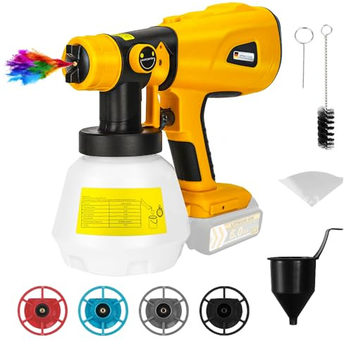 Kabellose Farbspritzpistole, kompatibel mit Dewalt XR 18 V Akku, HVLP-Sprühgerät für Zäune, Heimwerkermalerei, Decken und Möbel, 1000 ml Fassungsvermögen, verstellbare 4 Düsen (Batterie nicht im