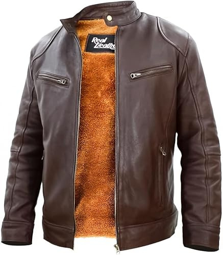 MERCH ATTIRE Manteau rétro pour homme en cuir de motard d'hiver avec fausse fourrure retournée, XL