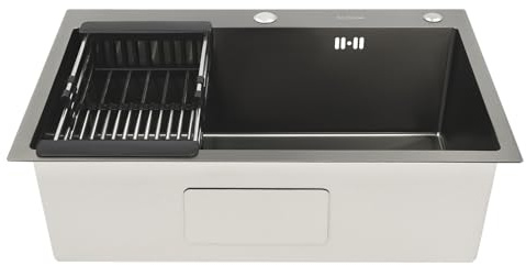 OUKANING Fregadero de cocina de acero inoxidable de 68 cm, con 2 escurridores, anticondensación, cierre de olores, insonorizado, bajo encimera/estructura, incluye cesta colador y juntas