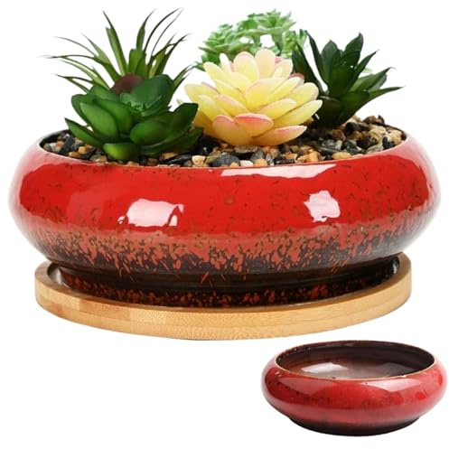 AZIDWERYQ Plavier de Bol de Lotus en céramique Bol Lotus 7x2 Pouces Rond décoratif hydroponique Peu Profond jardinière sans Drain pour Le lys à Eau, Rouge