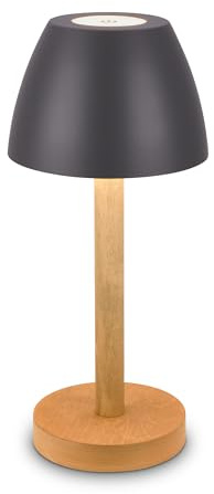 BRILONER - LED Tischlampe kabellos IP44 mit Touch, dimmbar, Akku tauschbar, Nachttischlampe, Leselampe, LED Lampe, Campinglampe, Tischleuchte, Akkulampe, Outdoor Lampe, 13,5x30 cm, Anthrazit-Holz