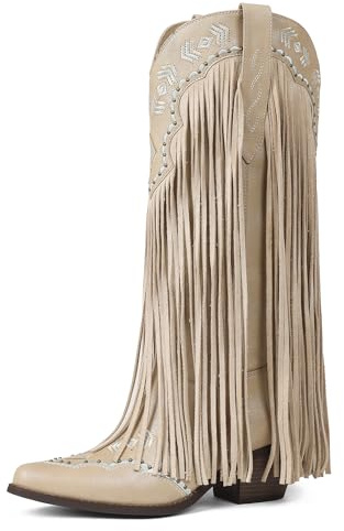 Oiamenne Beige Fringe Cowboy Boots for Women Knee High Cowgirl Western Boots Country Tassel Pointed Toe Chunky Block Heel, Size 8