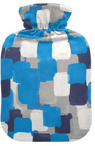 Blocks - Bolsa de agua caliente azul con funda de terciopelo suave, bolsa de agua caliente para aliviar el dolor de cuello y hombros, pequeña