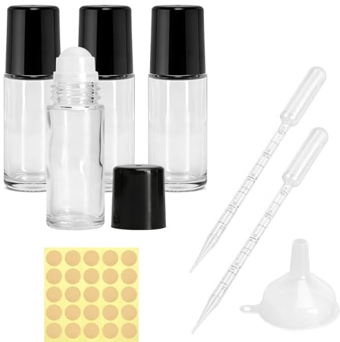 GZRXIOUS 4 stycken 30 ml rulle på glasflaskor för eterisk olja, rulle på flaska tom, rollon-flaskor, glasflaskor med rullboll, droppare, klistermärke, tratt för eteriska oljor, parfym