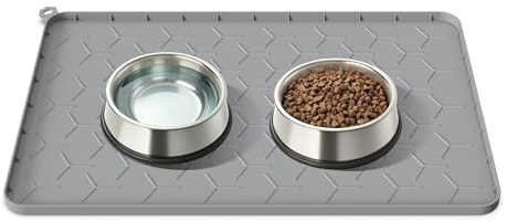 Futtermatte für Hunde & Katzen, Silikon Napfunterlage 60x40 cm, Grau | Wasserdicht & rutschfest, Silikonmatte mit Rand & Aufhängelöchern, spülmaschinengeeignet, für Futter- und Wassernäpfe