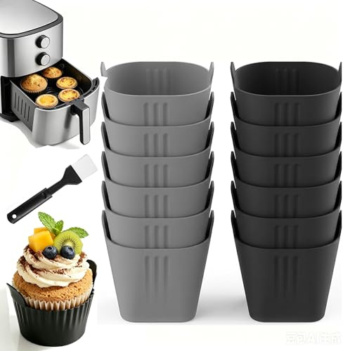 12 Stück Wiederverwendbare Heißluftfritteuse Muffinform Silikon Backformen Set, Airfryer Silikonform Eierform Cupcake Muffins Backzubehör mit Ölbürste, Auflaufförmchen für Kuchen, Pudding, Eier