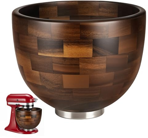 Premium Walnut Wood Mixing Bowl, Compatible with KitchenAid 4.5 & 5 QT Tilt-Head Mixers, Natural True Walnut Wooden Bowl with Stainless Steel Locking Base, 5QT (9.4)