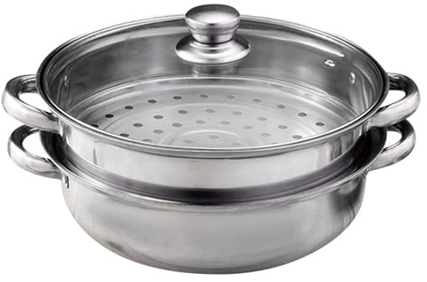 Vaporera de 2 piezas de acero inoxidable para cocina, doble caldera al vapor de verduras, alimentos, salsa versátil con función de utensilios de cocina (plata, 28 cm)