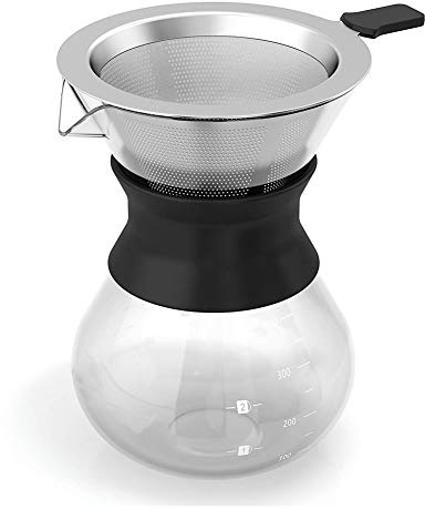 Boxtree Pour Over Coffee Maker Set with Reusable Stainless Steel Drip Filter Elegant Coffee Dripper Pot Glass Carafe & Permanent Stainless Steel Filter