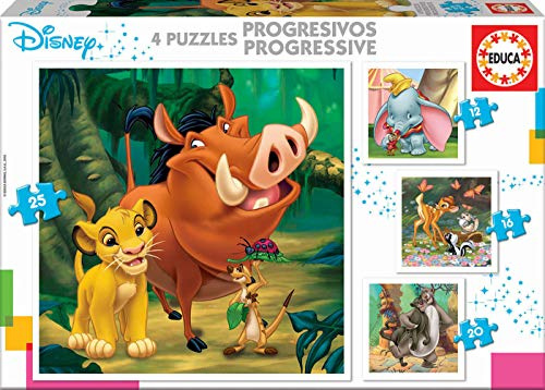 Educa - Kinderpuzzle Disney Tiere | 4in1 Puzzleset 12/16/20/25 Teile | König der Löwen, Bambi, Disney | ab 3 Jahren (18104)