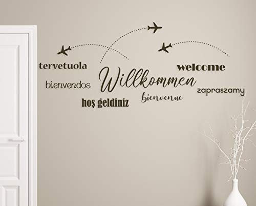 tjapalo® a24 Wandtattoo Willkommen flur eingang international verschiedene sprachen Wandsticker welcome hos geldiniz zapraszami, Größe: B58xH24cm, Farbe: dunkelgrau