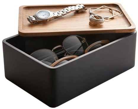 YAMAZAKI 5166 RIN Accessory Storage Box, black, Polystone/Wood, 18.5 x 12.5 x 7 cm