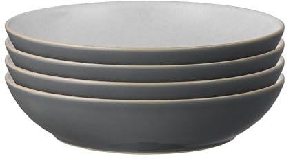 Denby - Elements Fossil Grey Pasta Bowls Set of 4 - Dishwasher Microwave Safe Crockery 1050ml 22cm - Dark Grey, White Ceramic Stoneware Tableware - Chip & Crack Resistant