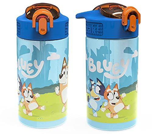 Zak Designs Bluey Kids Water Bottle Durable Plastic Spout Cover and Built-in Carrying Loop, Leak-Proof Water Design for Travel, (16oz, 2pc Set), 2pk
