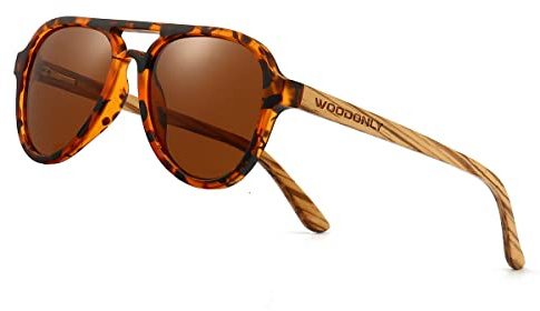 WOODONLY Trä Polariserade Pilot Solglasögon - Mode Stil Träskugglor för Herr och Dam Perfekta Gåvor (Sköldpaddsskal + zebraträ)