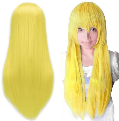 IMISSU 80cm lång rakt naturligt hår Cosplay peruker med lugg Huvudbonader Färgglad Halloween kostym Fest Peruk för flicka (Fluorescerande Gul)