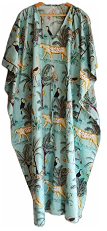 INDACORIFIE Jungle Hand Block Print Women Dress, Abito Indiano Lungo Kaftan Fatto a Mano, Tessuto di Puro Cotone Stitch Kaftan, Abito da Notte da Donna Kimono Art Multi