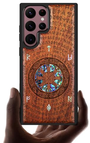 Carveit Designer Wooden Case for Samsung Galaxy S22 Ultra Case Cover [Wood Engraving & Shell Inlay] Unique Wood Phone Case Compatible with Wireless Chargers Galaxy S22 Ultra Case (Viking-Rosy)