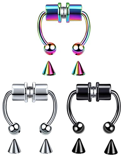 SCJJZ septum falso,piercing nariz,piercing nariz falso,pendientes de iman,Pinza de nariz falsa magnética no perforada de acero inoxidable Clip de nariz (3 piezas)