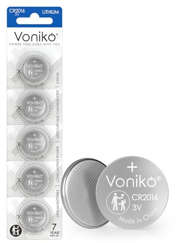 Voniko CR2016 3V Lithium Batteries 5 Pack for Child Safety, Compatible with Remotes, Key Fobs, Glucose Monitors - 7 Years Shelf Life