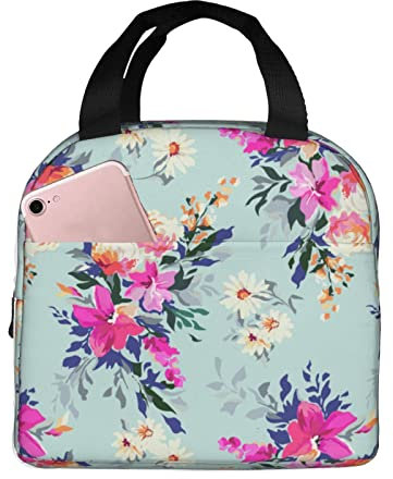 XVBCDFG Bolsas de almuerzo con estampado de flores blancas y rosas para hombres y mujeres, fiambreras reutilizables aisladas, pequeñas bolsas de almuerzo Ben