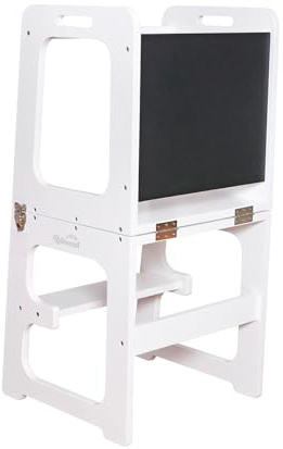 Robincool Torre de Aprendizaje Plegable Montessori Evolutive II Blanca 43x40x86cm Convertible en Mesa y Silla | Pupitre + Pizarra | Barra de Seguridad | Certificado CE | Madera de Abedul