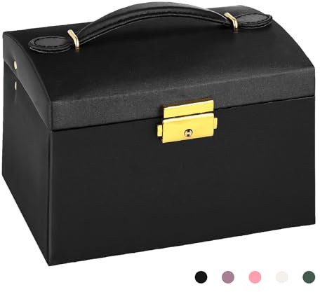 Boîte de rangement à bijoux avec poignée, 3 couches verrouillable en cuir synthétique avec miroir, rangement portable pour boucles d'oreilles, bagues, bracelets, colliers, idée cadeau d'anniversaire