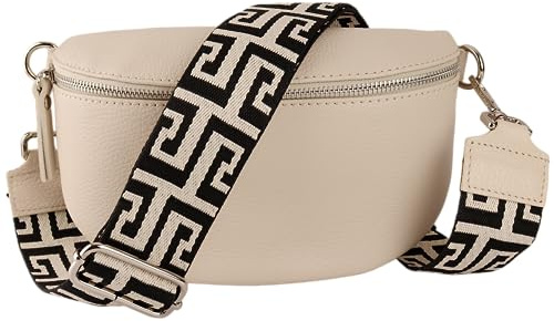 MIRROSI® Bauchtasche Damen, Echtleder, Made in Italy, Umhängetasche, Brusttasche, Crossbody Bag (1 Tasche & 2 Gurte) (Beige (NN Beige Schwarz), Mittelgroße Tasche (25x16x7cm))