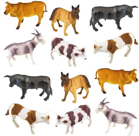 Baroni Toys Set 6 realistische Plastiktiere, Verschiedene Bauernhoftiere max. 15 cm, einschließlich Kuh, Hund, Ziege, Spielzeugtier-Set für Kinder 3 4 5 6 7 Jahre