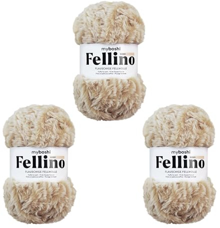 myboshi Fellino, flauschige Fellwolle, zum Häkeln und Stricken, Teddywolle in Felloptik, super bulky, 100g, Ll 65m Beige (Kiiro) 3 Knäuel