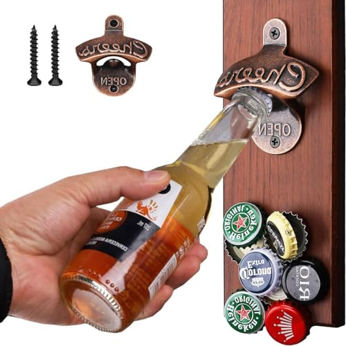 LIDOUK Décapsuleur de bière magnétique mural avec récupérateur, idée cadeau fantaisie pour homme, papa, mari, lui, gadgets cool pour maison, bar, pub, jardin