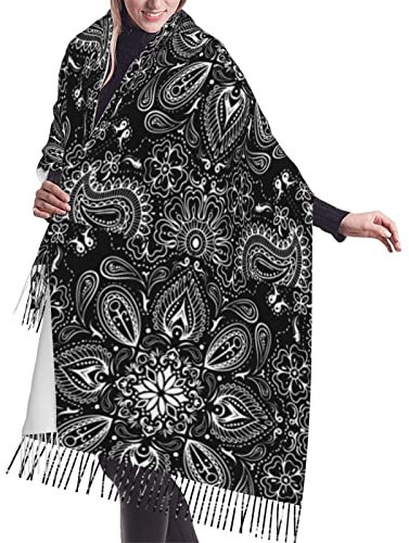 GQWJKSZ Schwarz Weiß Paisley1 Sonnenblumen und Paisley Vintage Boho Weicher Deckenschal Langer warmer Schal Wraps Kaschmir-Fransenschals für Frauen