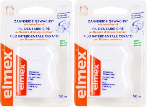 elmex Zahnseide 50 m – gewachstes Zahnband für eine gründliche Zahnreinigung – Faden mit Flauscheffekt und Aminfluorid beugt Karies und Zahnfleischentzündungen vor (Packung mit 2)