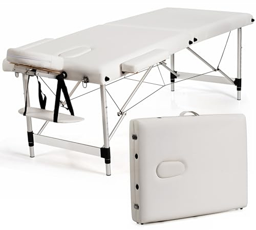 GOPLUS Massageliege, 2 Zonen Massagetisch aus Aluminium bis zu 250kg, Mobile Massagebank klappbar & höhenverstellbar, 70cm breit Massagebett mit Kopfstütze, Armlehnen & Tragetasche für Spa, Weiß