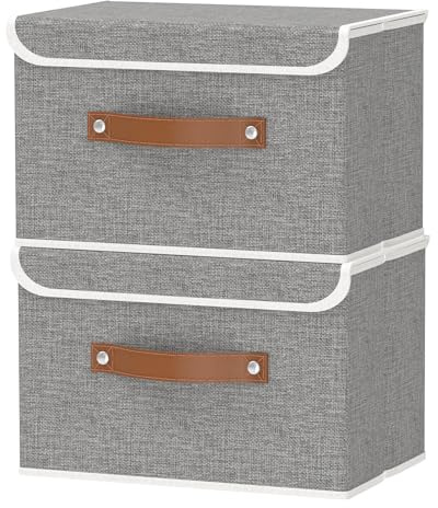 OUTBROS 2 Pack Box mit Deckel, 38x25x25cm Kleiderschrank Organizer, Grau | Faltbarer Aufbewahrungsbox, Stoffkisten mit Griff, Stoffboxen Aufbewahrung, für Kleidung