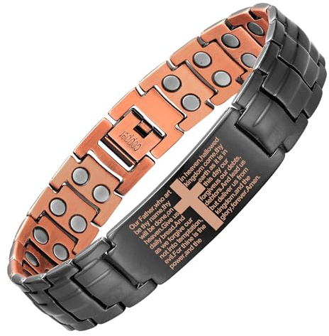 MagEnergy Copper Cross Bracelet for Men - Ultra Strength Magnetic Copper Mens Cross Bracelets - Adjustable Copper Bracelet with Sizing Tool Jewelry Box(Black)