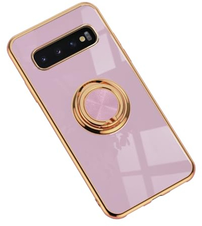EiYioun Silicone Case for Samsung Galaxy S10 with Magnetic Attraction Metal Ring Holder Stand, Edge Plated Shockproof Non-Slip Ultra Thin Phone Protective Cover Light Purple