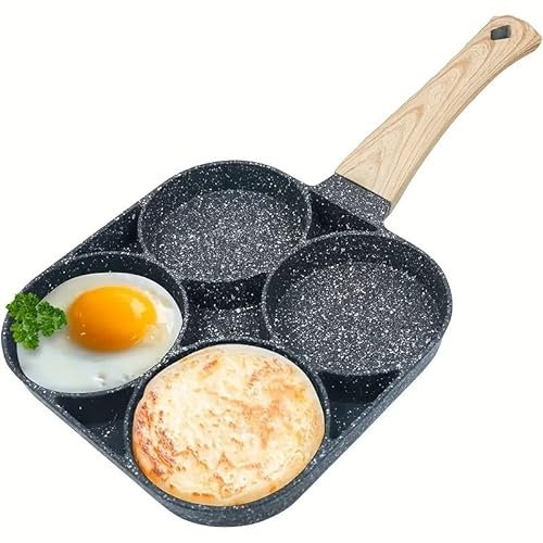 MIFAH Egg Frying Pan Non-Stick 4 Hole Egg Frying Pan Kitchen Breakfast Pancakes Cooking Fried Egg Pan with Wooden Handle for Burger Eggs