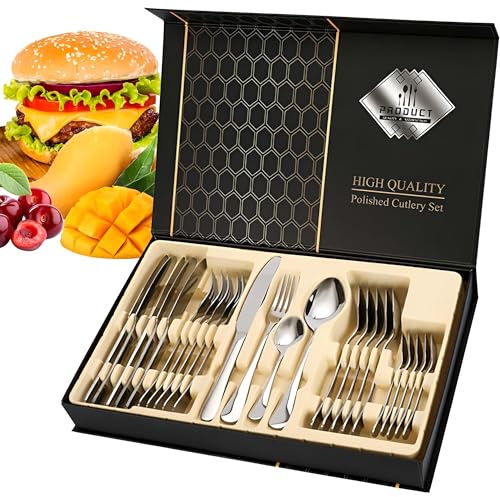 Tafelbesteck, 24-teilig, für 6 Personen, Edelstahl, Besteck-Set mit Messer, Gabel, Löffel, Kaffeelöffel, spülmaschinenfest