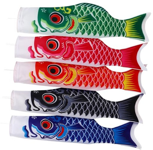 BEBEMOKO 5stücke Japanische Karpfen Fische Flaggen Garten Dekoration Outdoor Fischflagge Im Japanischen Stil Bunt Satin Material Leicht Zu Hängen
