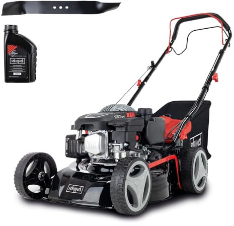 Scheppach Rasenmäher RM420A | 5 in 1-3,3PS | Schnittbreite 420mm | 45L Fangkorb | Schnitthöhenverstellung 25-75 mm | inkl. Radantrieb, Reinigungsfunktion & Motoröl & 2. Mähmesser