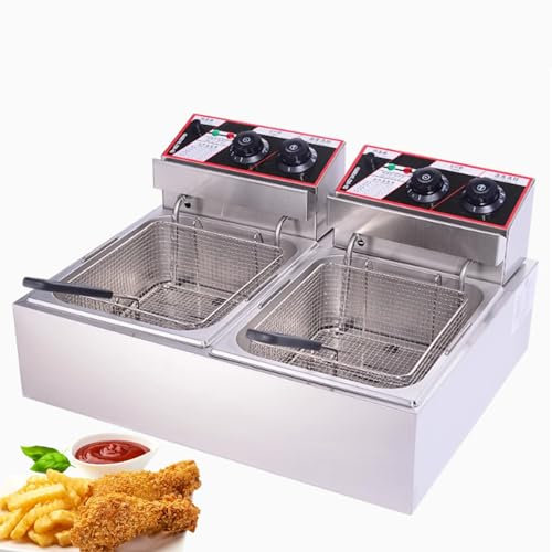 Friggitrice elettrica, friggitrice commerciale 10L/20L x 2 doppio serbatoio con cestelli e coperchio, controlli indipendenti, friggitrice per ristorante in acciaio inossidabile per patatine fritte