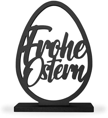 ebenkunst Frohe Ostern Aufsteller – Osterei Schriftzug aus MDF | Schwarz durchgefärbtes MDF, ca. 17 x 24 cm, Frohe Ostern im Ei-Design, freistehende Osterdeko, Made in Germany