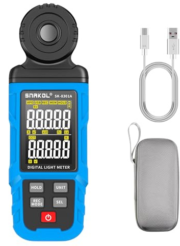 SNAKOL Spektrales Beleuchtungsstärkemessgerät, hochpräzises digitales Lux-Messgerät, Handmessgerät für Umgebungstemperatur, Reichweite bis zu 300.000 Lux, Luxmeter mit 4-stelligem Farb-LCD-Bildschirm